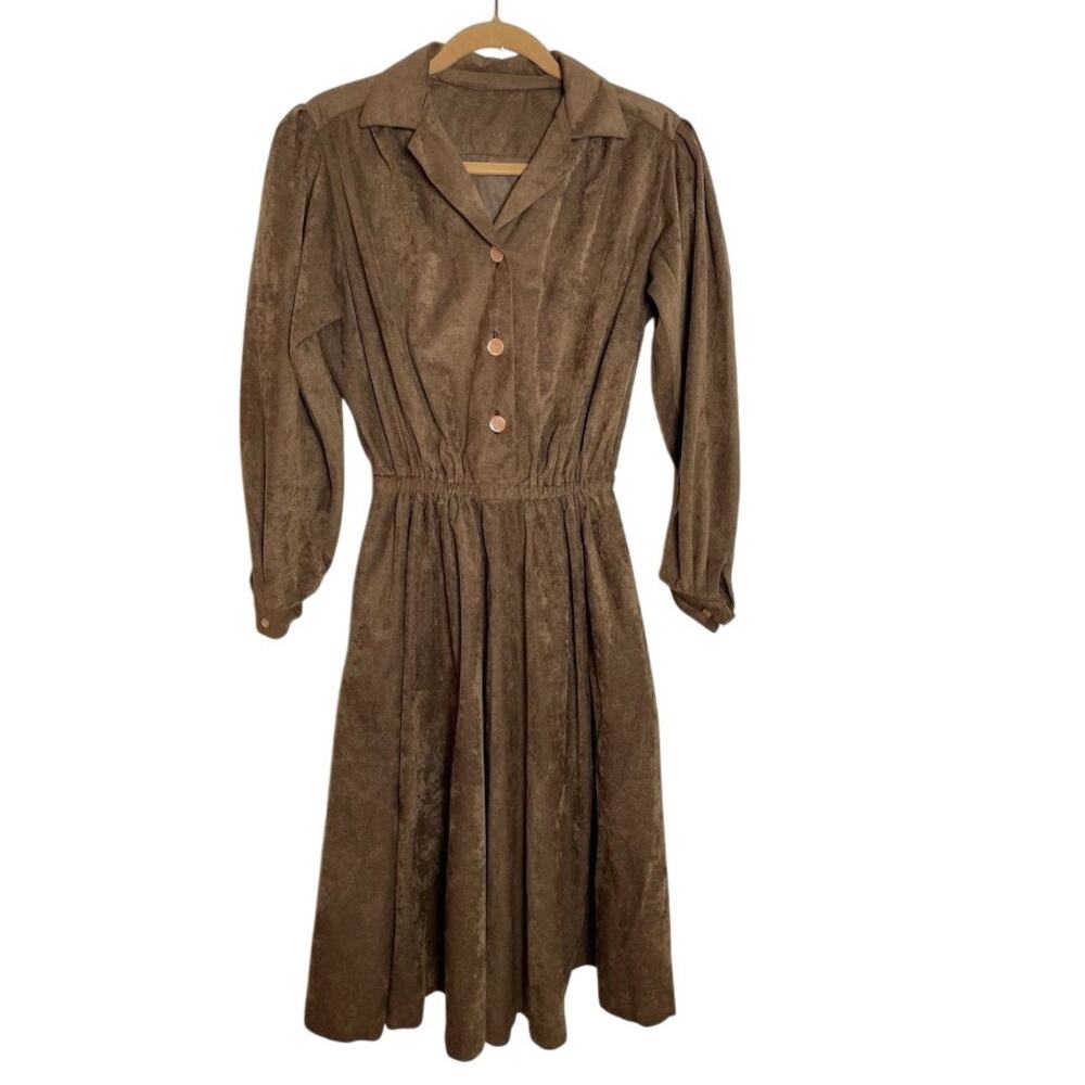 Womens Faux Suede Midi Shirt Dress Espresso VTG Style Puff Long‎ Sleeve Dress